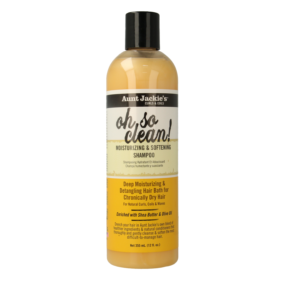 Aunt Jackie's Oh So Clean shampoo bottle, 355ml, with clear label, designed for hair care and cleansing.