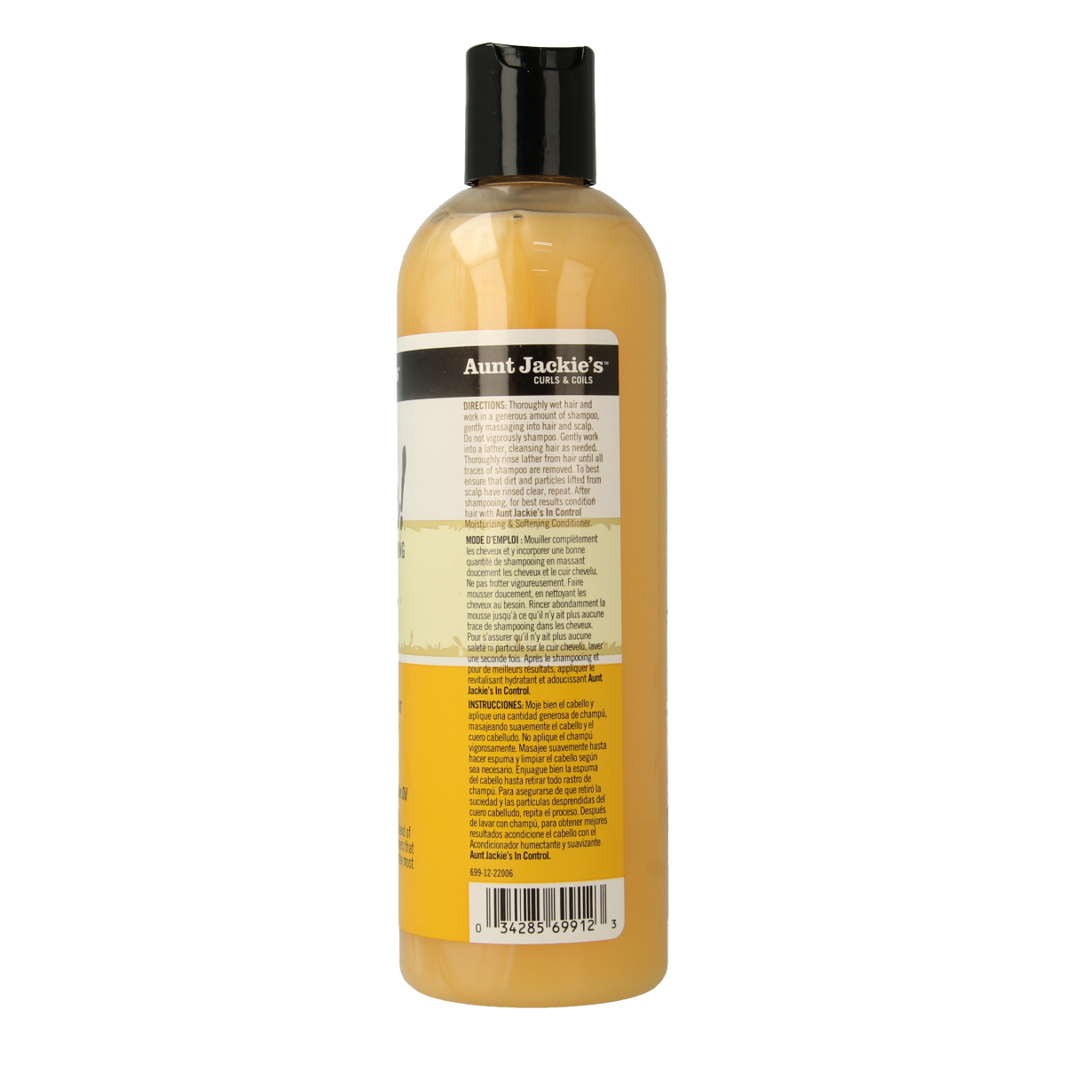 Aunt Jackie's Oh So Clean Shampoo bottle, 355ml, in a clear plastic container with a colorful label, for hair care.