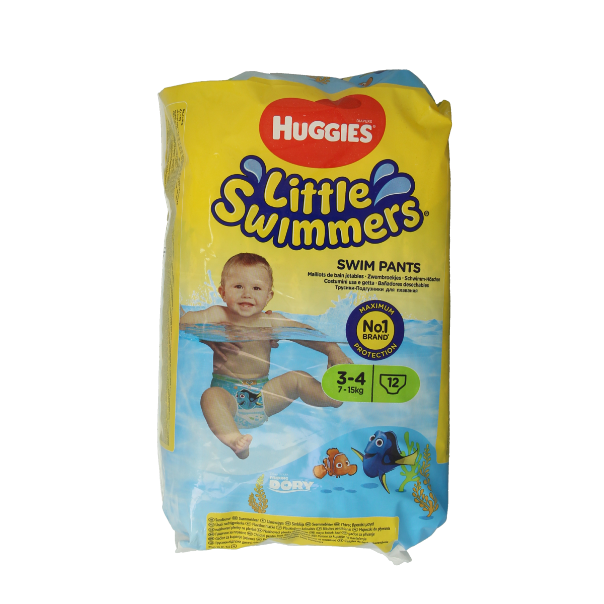 Huggies Little Swimmers Size 3-4 baby swim diapers, 12-pack, suitable for 7-15kg, with colorful waterproof design.