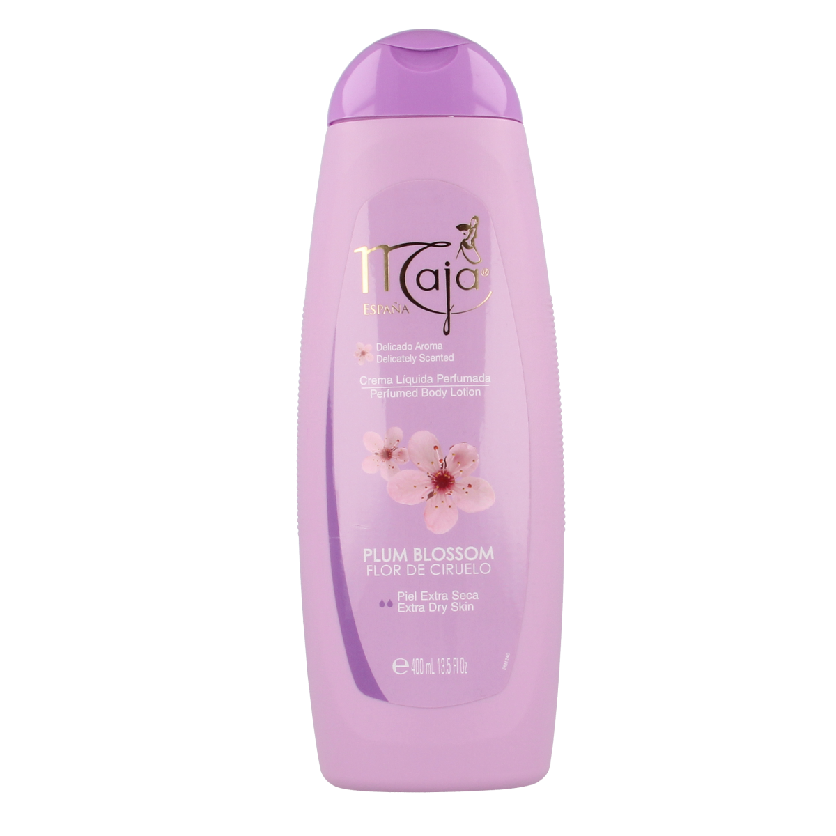 Maja Plum Blossom Body Lotion 400ml, creamy moisturizer in a white bottle with purple plum blossom design.