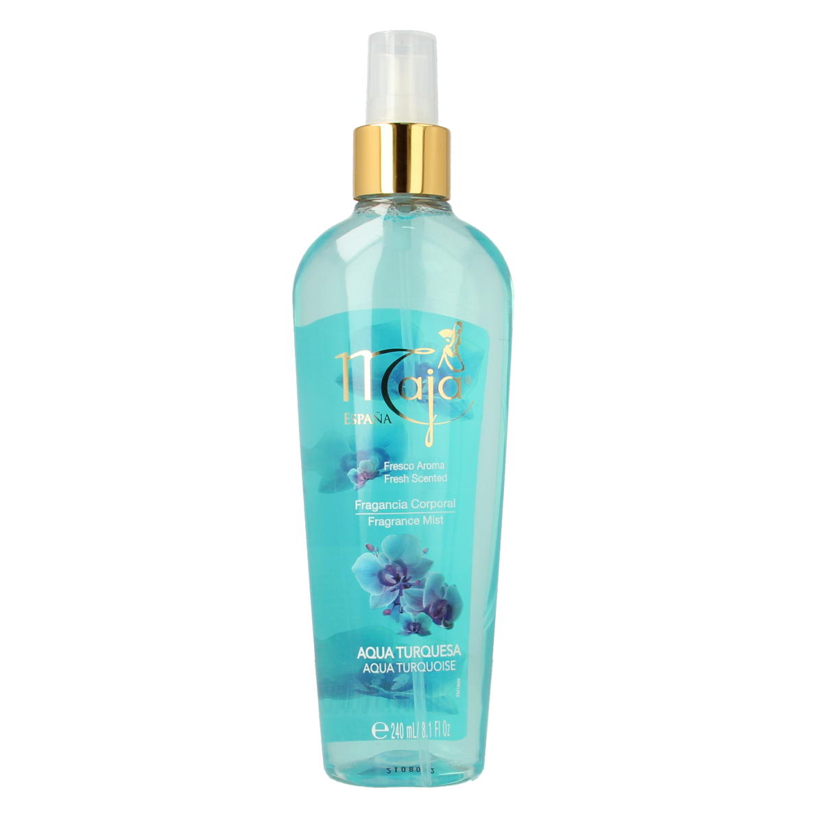 Maja Aqua Turquesa fragrance mist bottle, 240ml, featuring a sleek blue design and spray nozzle for refreshing scent.