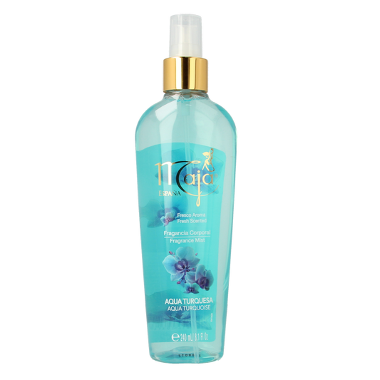 Maja Aqua Turquesa fragrance mist bottle, 240ml, featuring a sleek blue design and spray nozzle for refreshing scent.