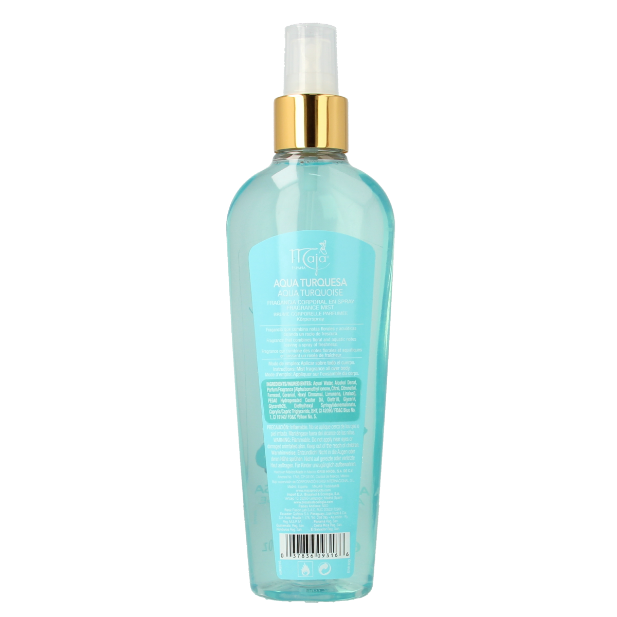 Maja Aqua Turquesa fragrance mist in 240ml bottle with blue and turquoise design, featuring floral and aquatic scent notes.