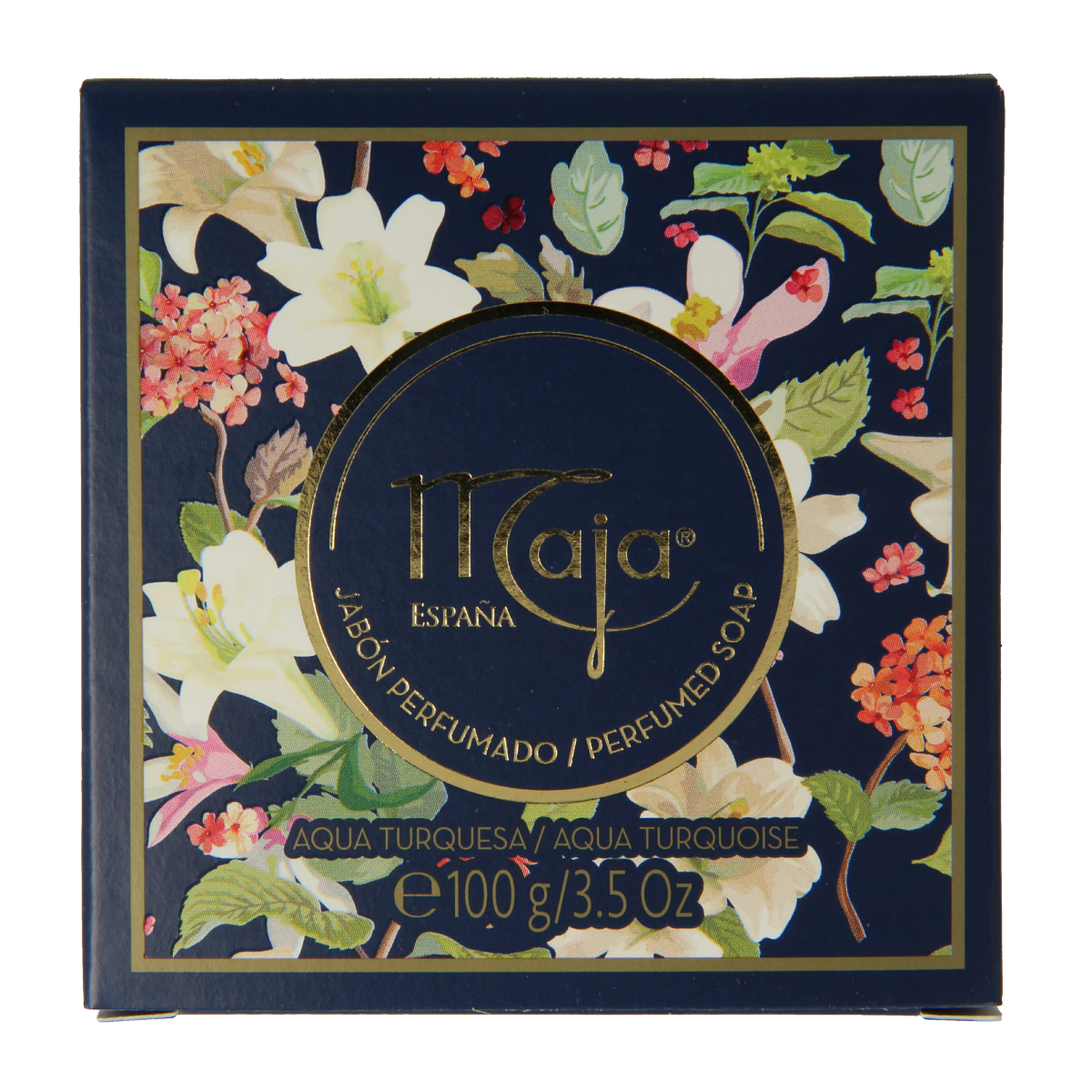 Maja Aqua Turquesa soap bar, 100 grams, with vibrant turquoise color, showcasing the Maja brand's moisturizing skincare product.
