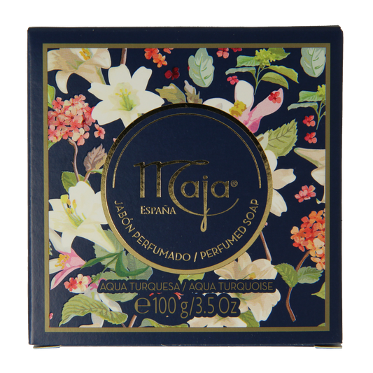 Maja Aqua Turquesa soap bar, 100 grams, with vibrant turquoise color, showcasing the Maja brand's moisturizing skincare product.