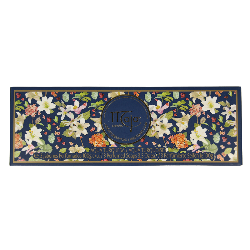Maja Aqua Turquesa soap gift set with three 100g bars, featuring vibrant turquoise color and elegant packaging.