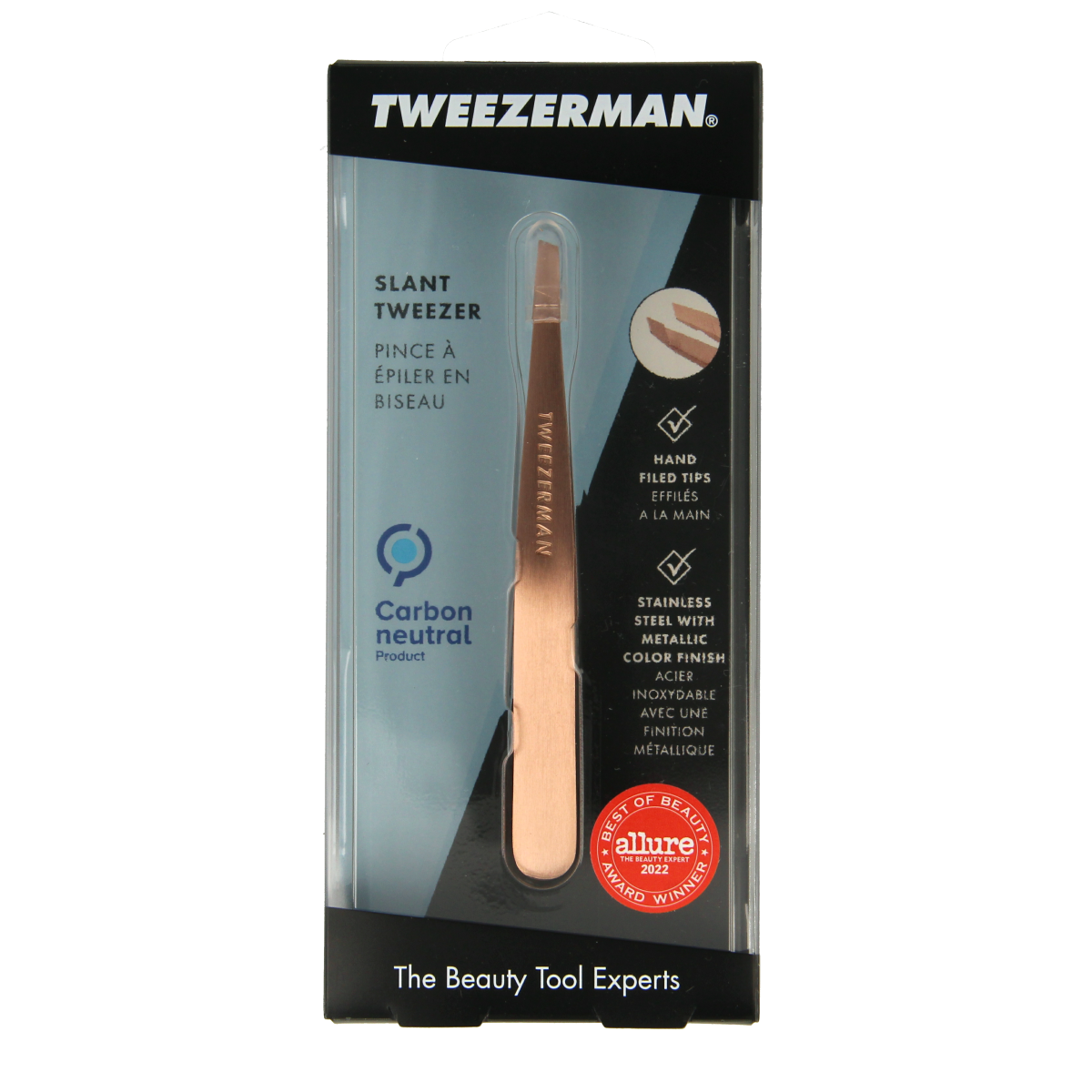 Tweezerman Slant tweezer in rose gold with stainless steel construction, designed for precise eyebrow grooming.