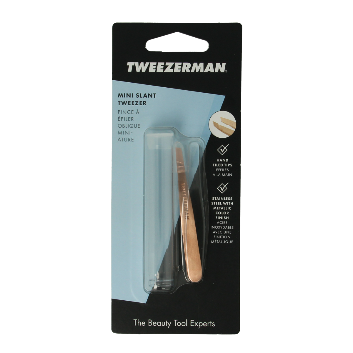 Rose gold Tweezerman Mini Slant Tweezer in stainless steel, compact and precise for grooming eyebrows and stray hairs.