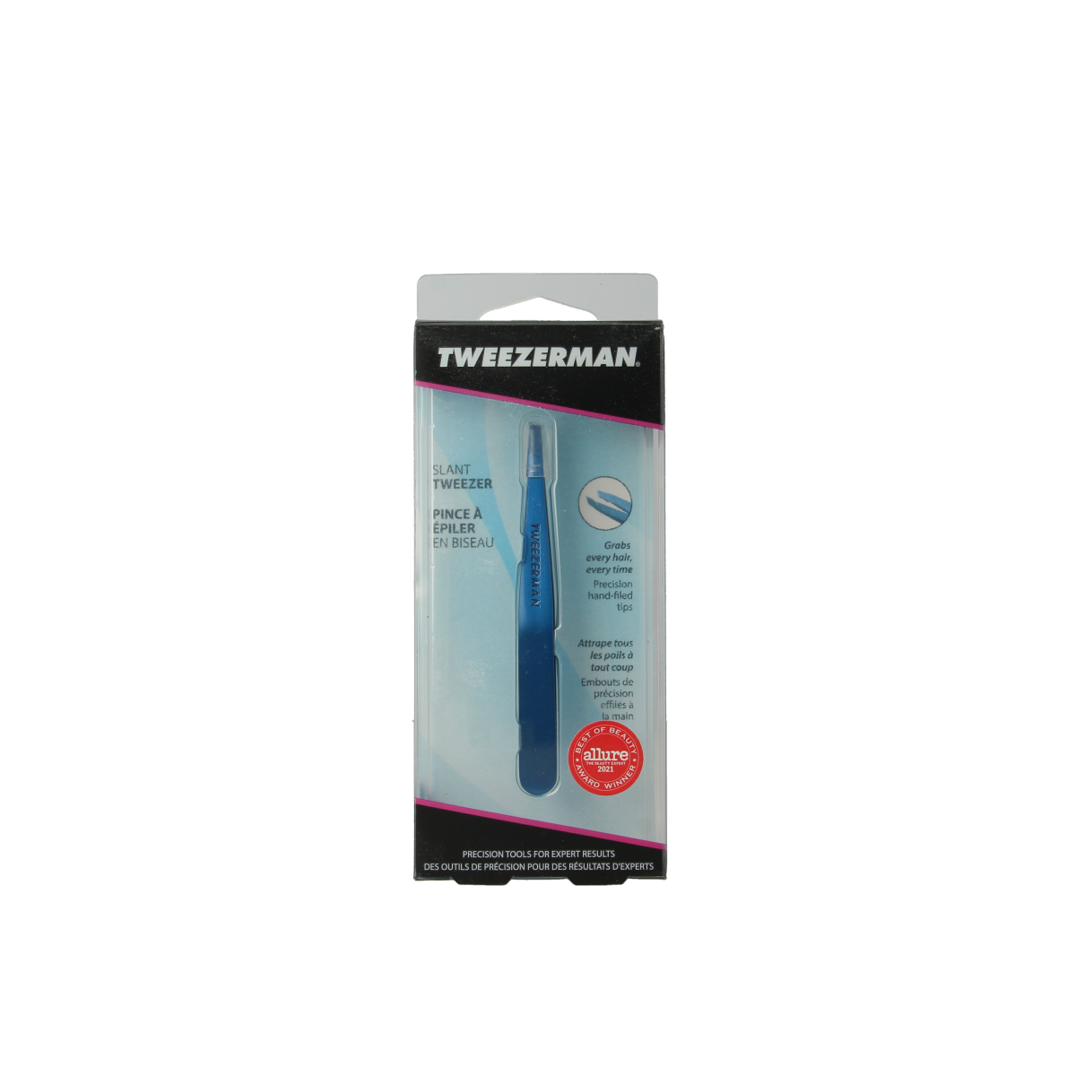 Tweezerman Slant tweezer in bell bottom blue with stainless steel tips, designed for precise hair plucking and eyebrow shaping.