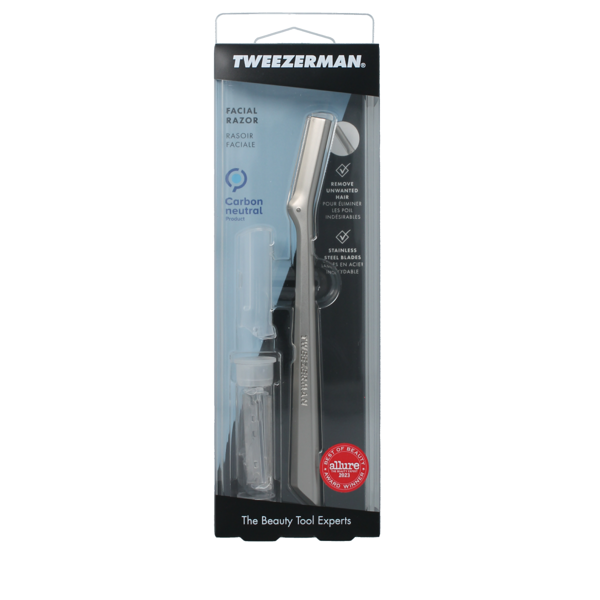 Tweezerman facial razor for precise hair removal, shown with a single stainless steel shaving tool in a sleek design.