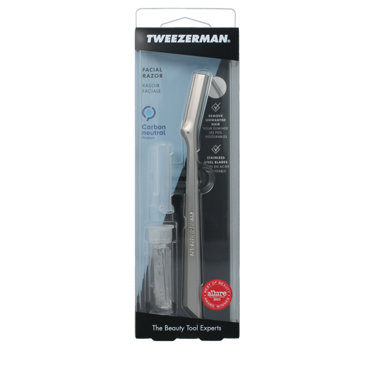 Tweezerman facial razor for precise hair removal, shown with a single stainless steel shaving tool in a sleek design.