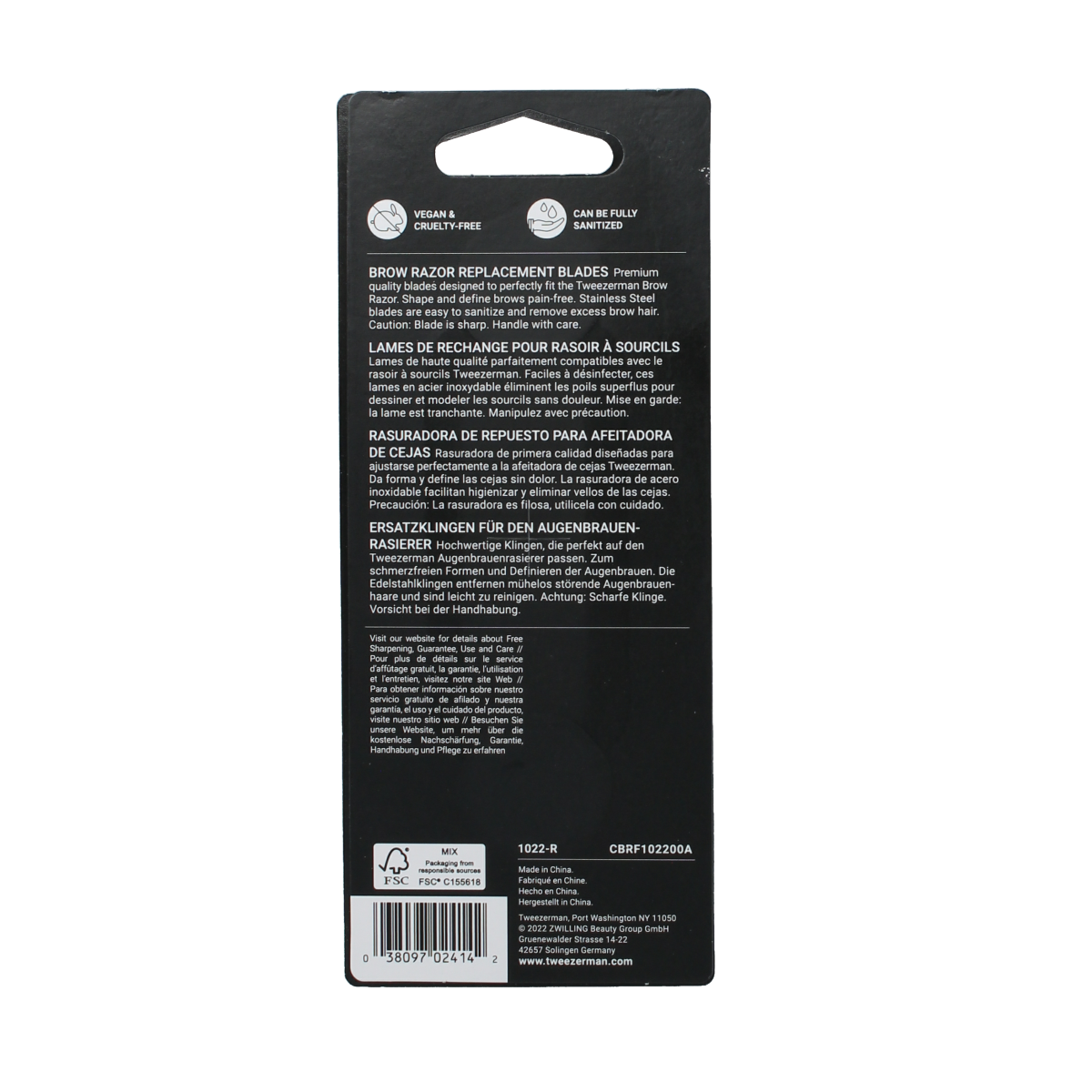 Tweezerman brow razor replacement blades set with four stainless steel blades for precise eyebrow shaping and grooming.