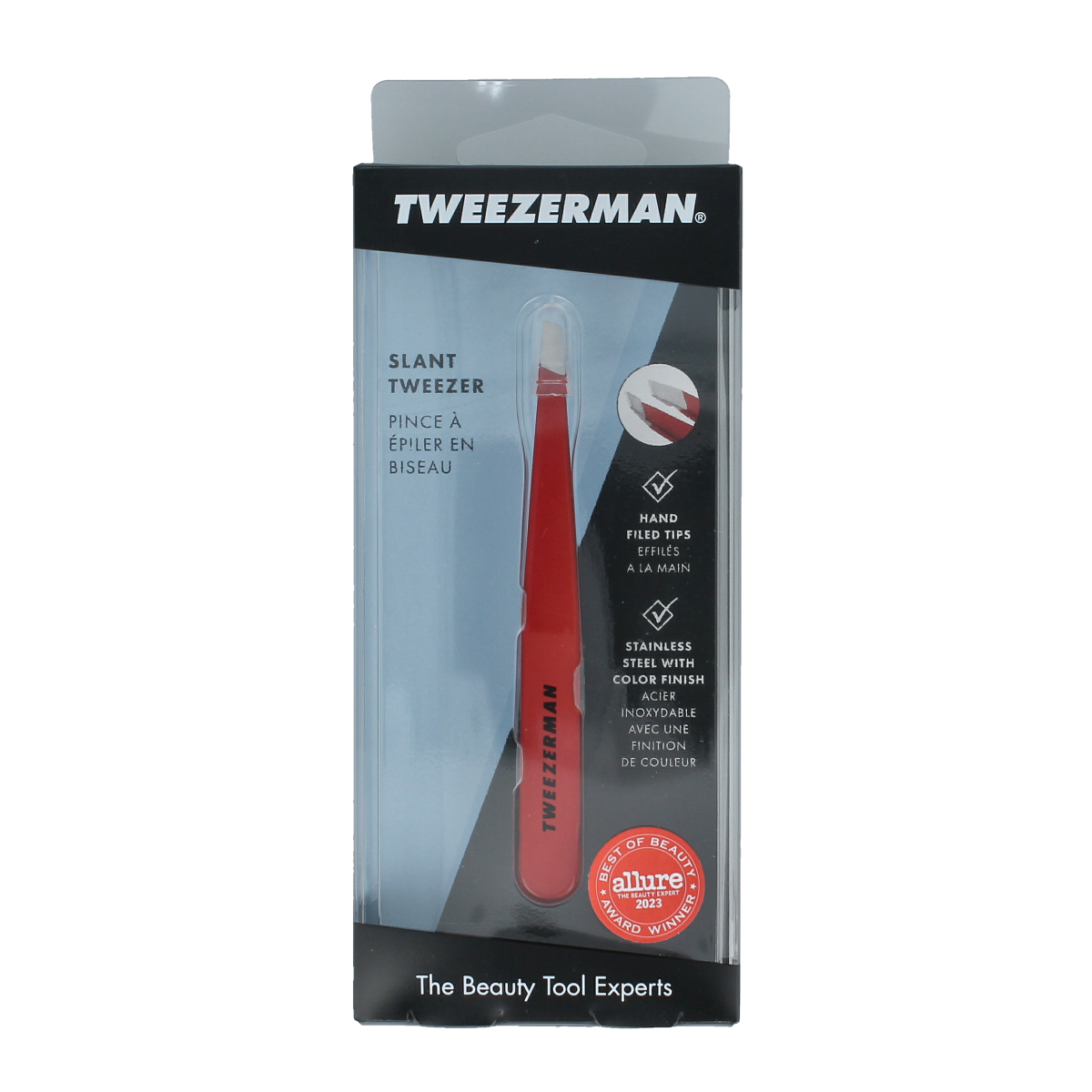 Tweezerman Slant tweezer in signature red with stainless steel construction, ideal for precise eyebrow grooming.