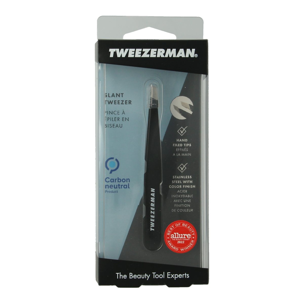 Tweezerman Slant tweezer in midnight sky color with stainless steel construction, precision tip for precise hair removal.