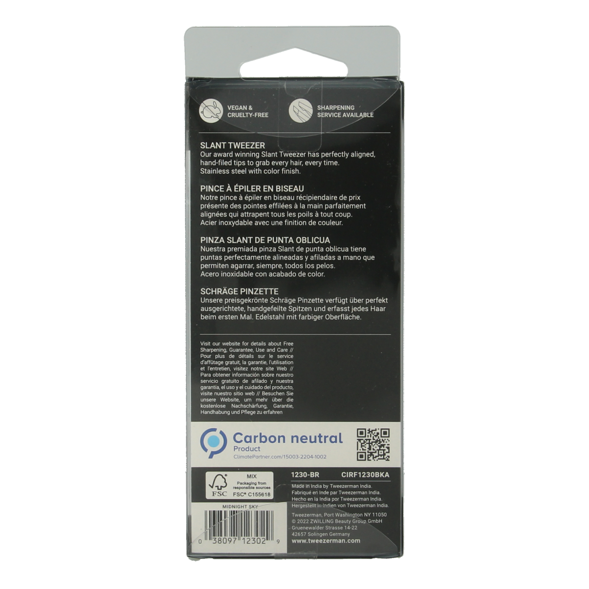 Tweezerman Slant tweezer in midnight sky finish, stainless steel, professional-grade eyebrow grooming tool.