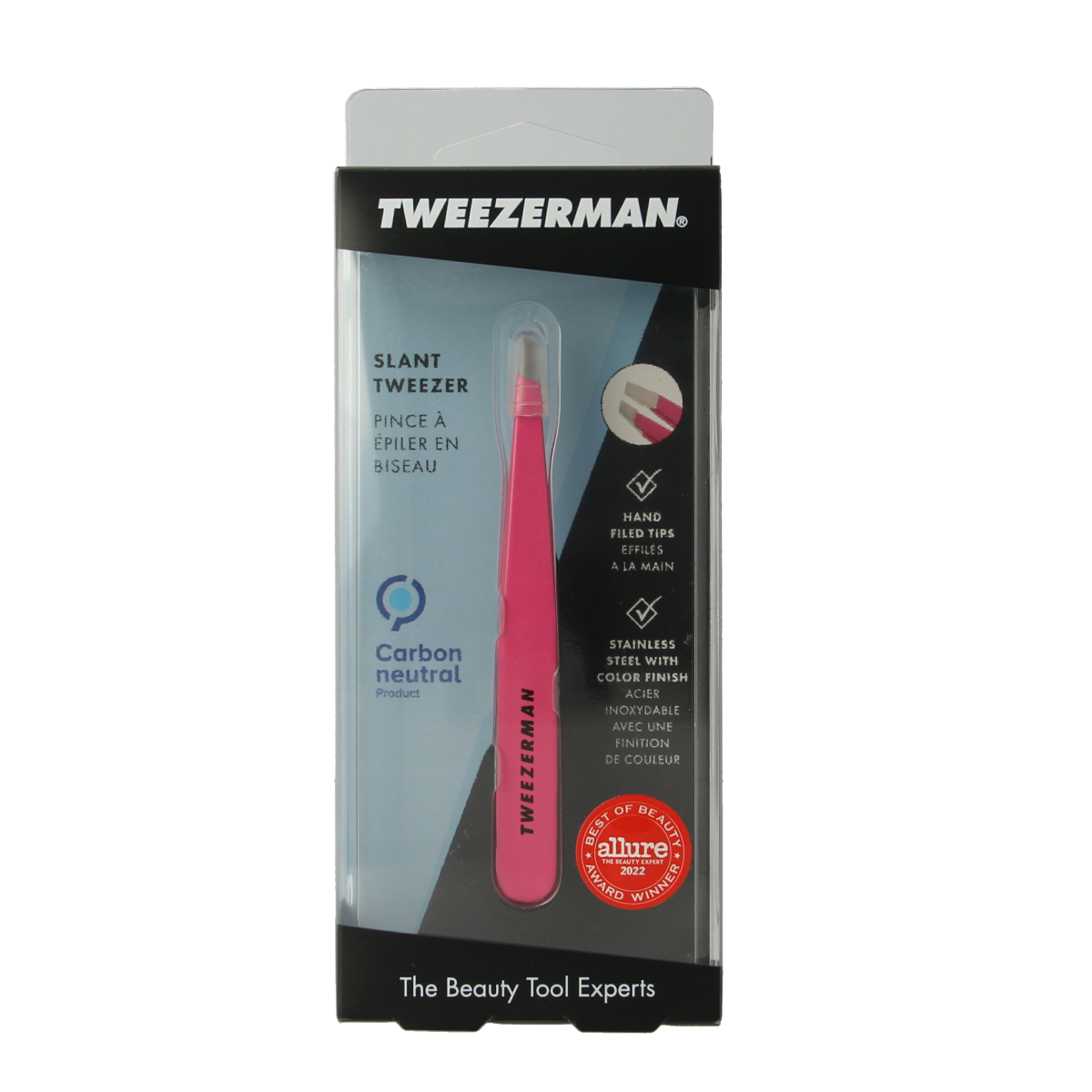 Tweezerman Slant pink stainless steel tweezers, precision grooming tool, close-up view of the Tweezerman brand product.