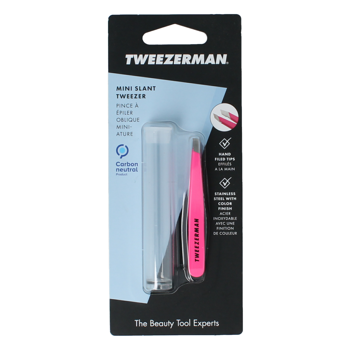Tweezerman Mini Slant Tweezer in neon pink, stainless steel, perfect for precise eyebrow grooming and shaping.