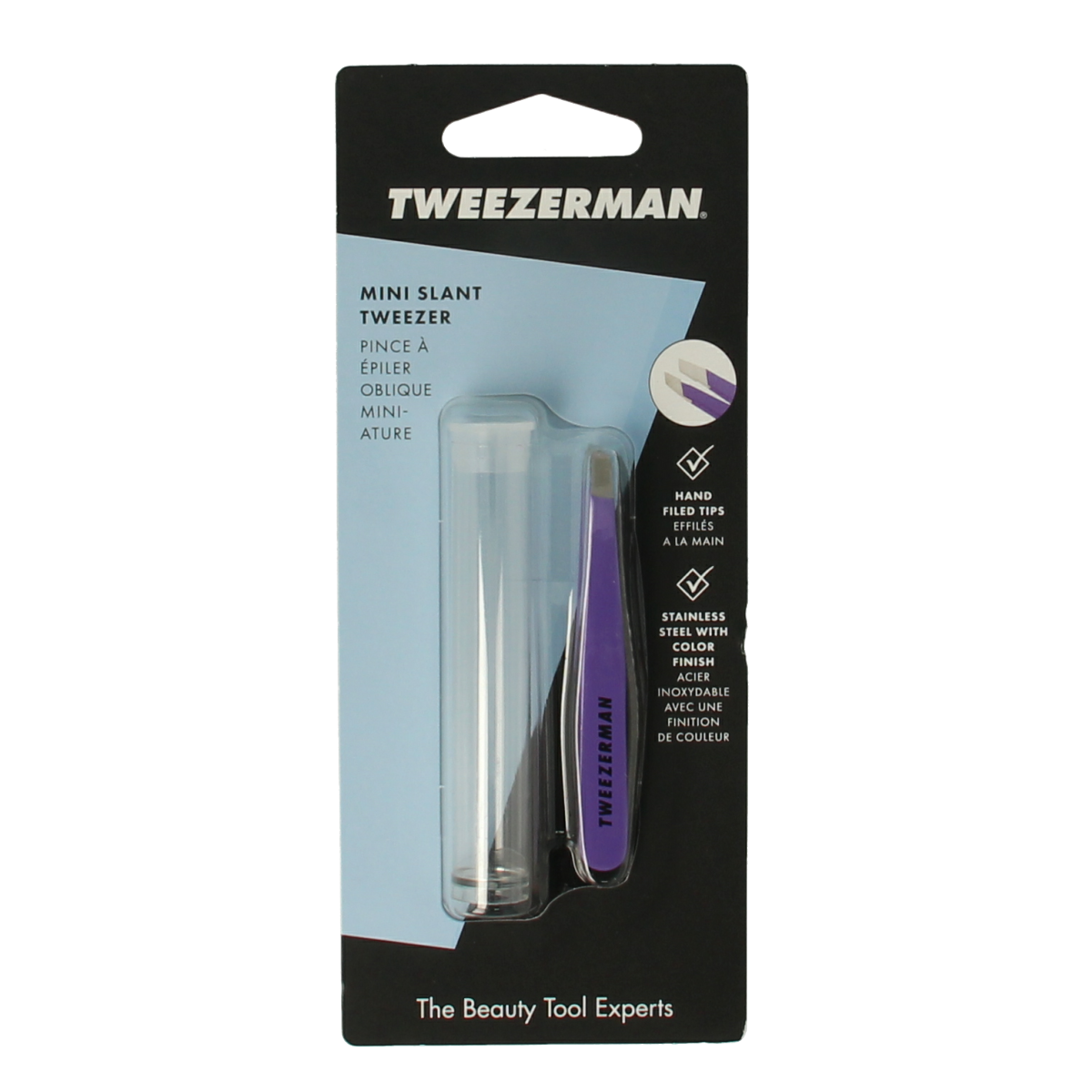 Tweezerman Mini Slant Tweezer in blooming lilac color, stainless steel eyebrow grooming tool with precise slant tip.