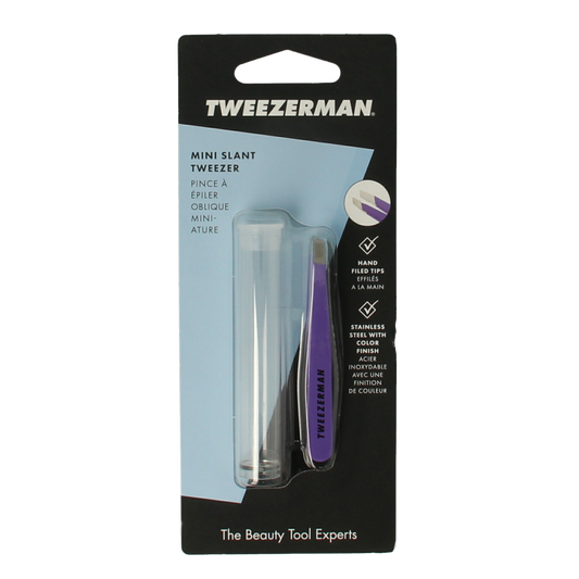 Tweezerman Mini Slant Tweezer in blooming lilac color, stainless steel eyebrow grooming tool with precise slant tip.