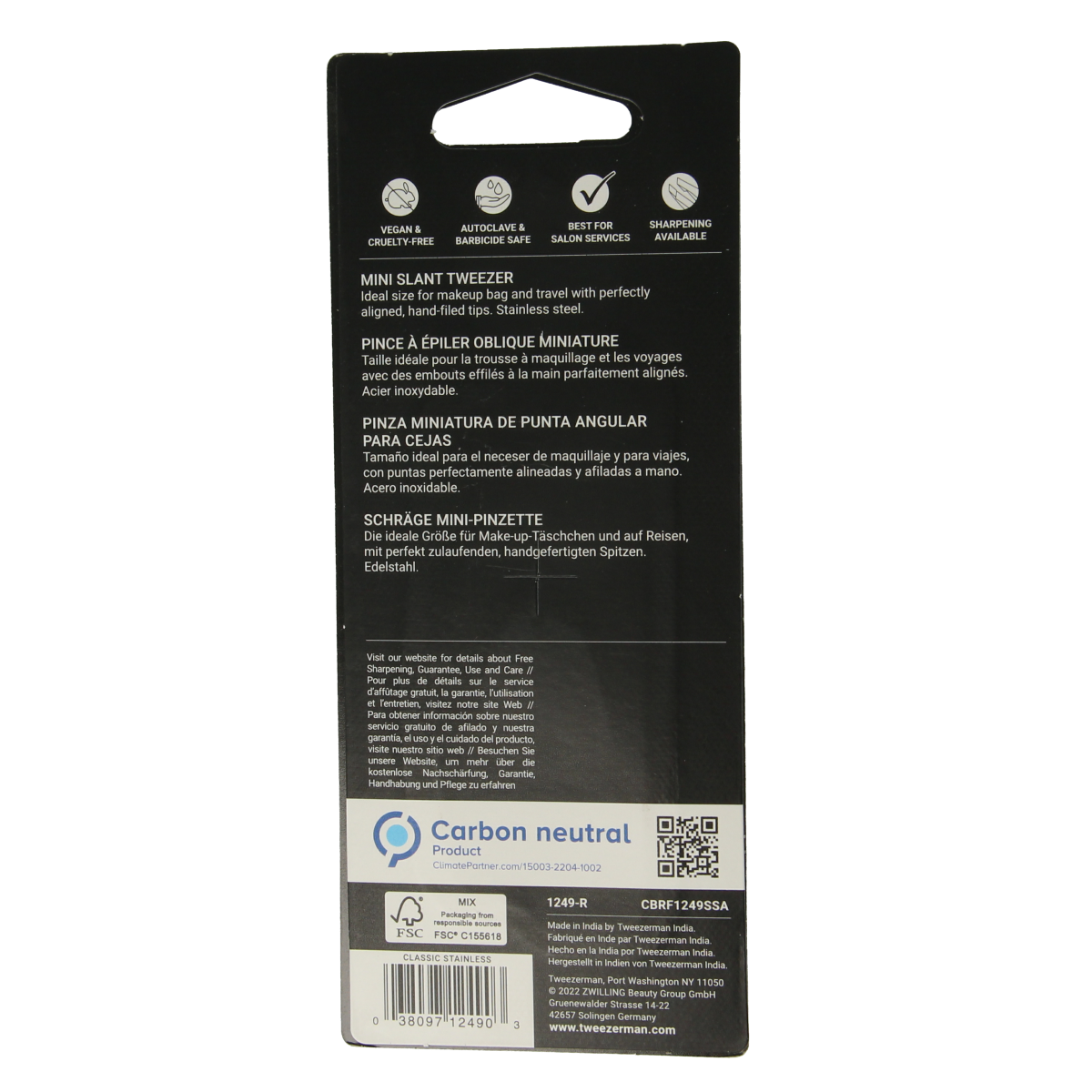 Tweezerman Mini Slant Tweezer in stainless steel, classic precision grooming tool for eyebrows and facial hair.