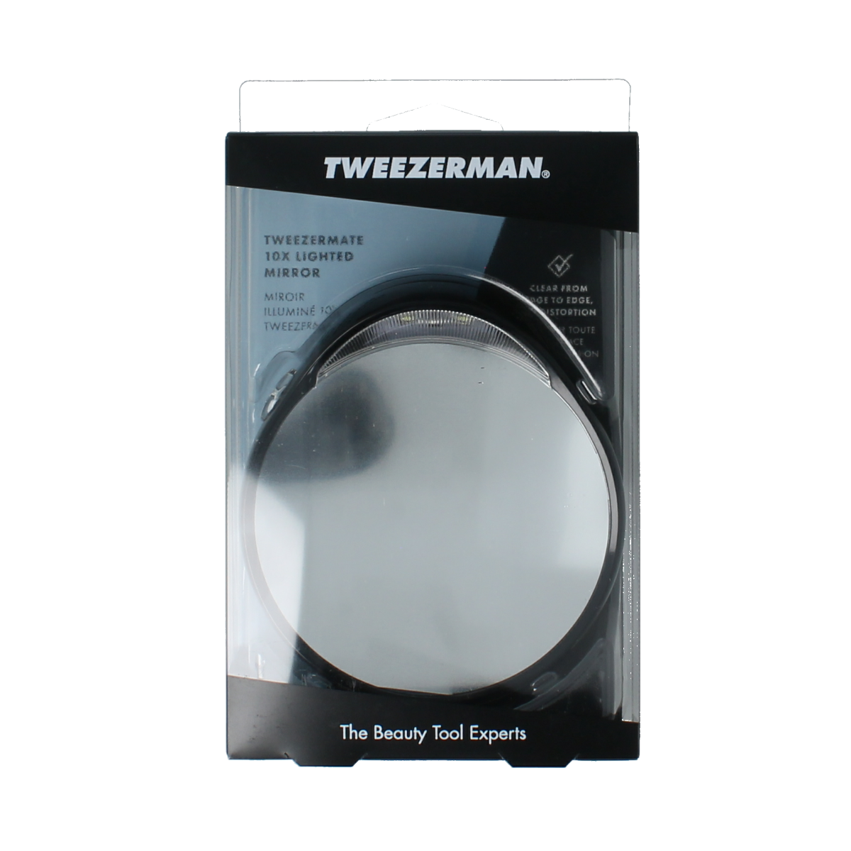 Tweezerman bathroom mirror with 10x magnification and built-in light, perfect for detailed grooming and makeup application.