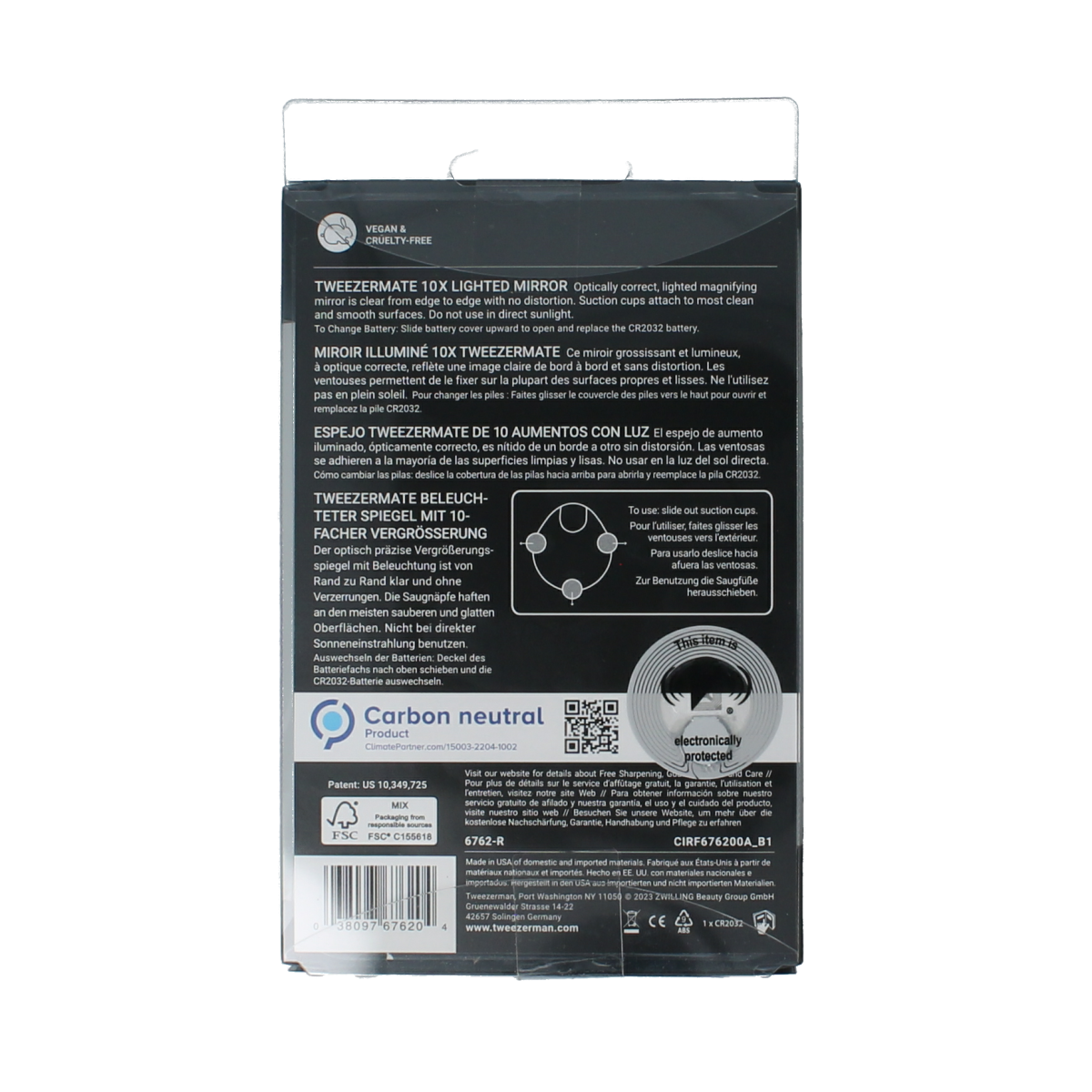Tweezerman bathroom mirror with 10x magnification and built-in light, compact and ideal for detailed grooming.