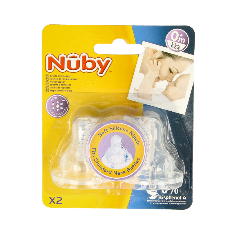 Two Nuby silicone baby pacifiers with three adjustable flow settings, designed for comfortable feeding.