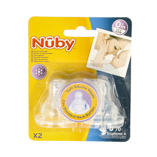 Two Nuby silicone baby pacifiers with three adjustable flow settings, designed for comfortable feeding.
