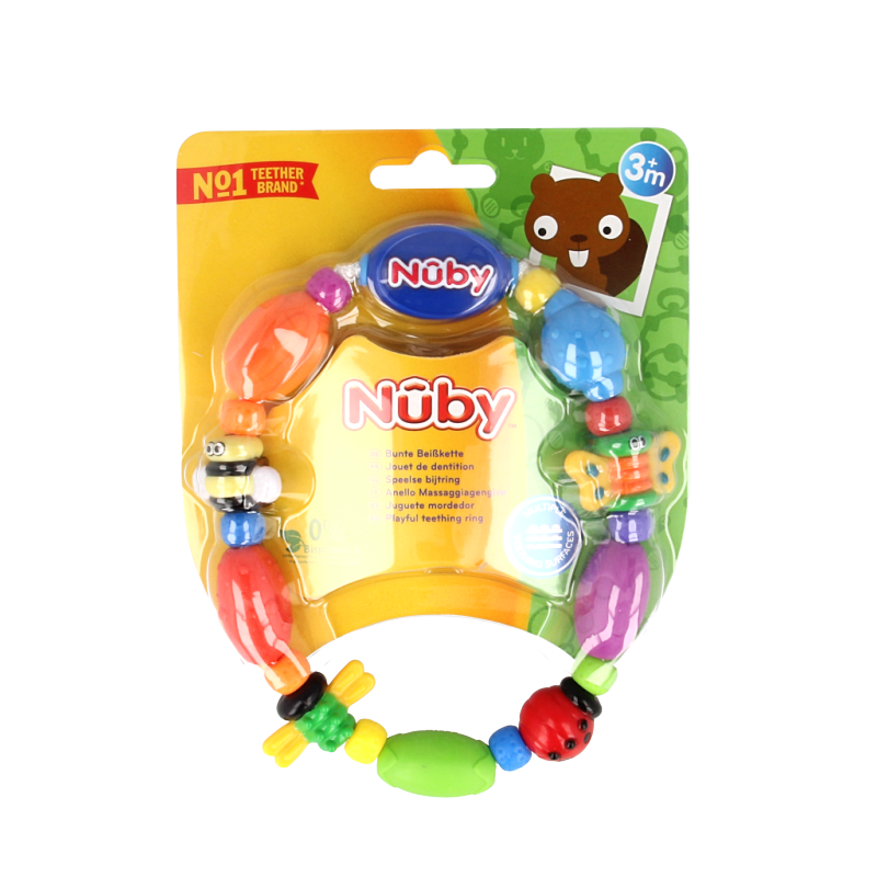 Nuby Speelse bijtketting bug-a-loop, kleurrijk speelgoed en knuffel voor baby's, ontworpen voor veilige bijt- en speelplezier.