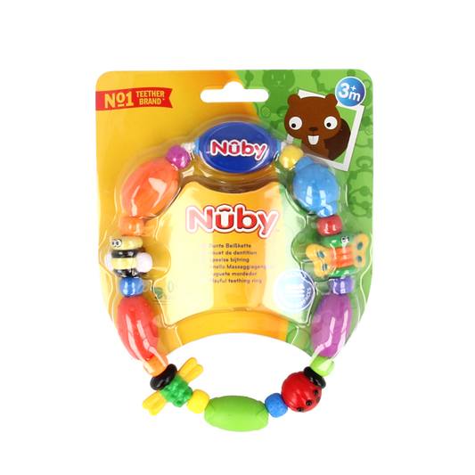 Nuby Speelse bijtketting bug-a-loop, kleurrijk speelgoed en knuffel voor baby's, ontworpen voor veilige bijt- en speelplezier.