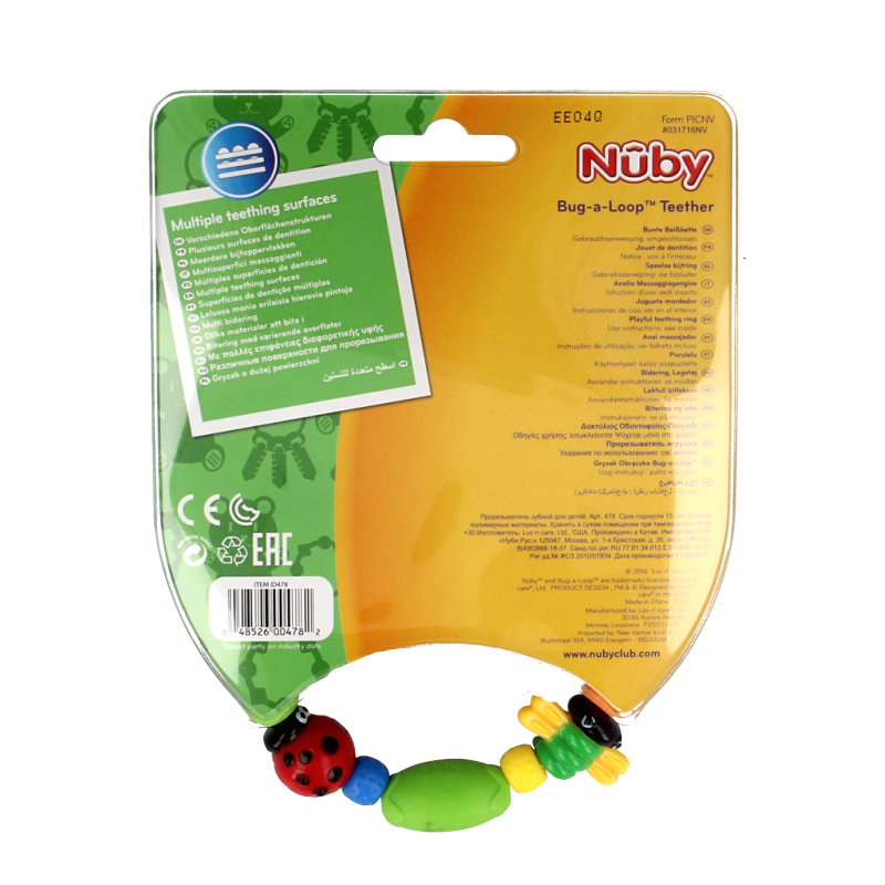 Nuby Speelse bijtketting bug-a-loop, speelgoed en knuffel, colorful silicone teether with bug design for babies
