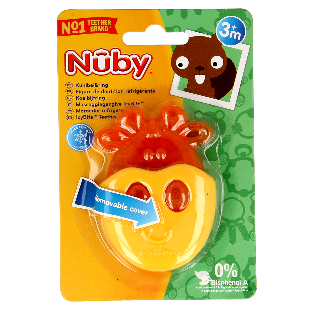 Nuby Koelbijtring dieren, soft cooling teething ring featuring colorful animal designs, for babies' soothing comfort.