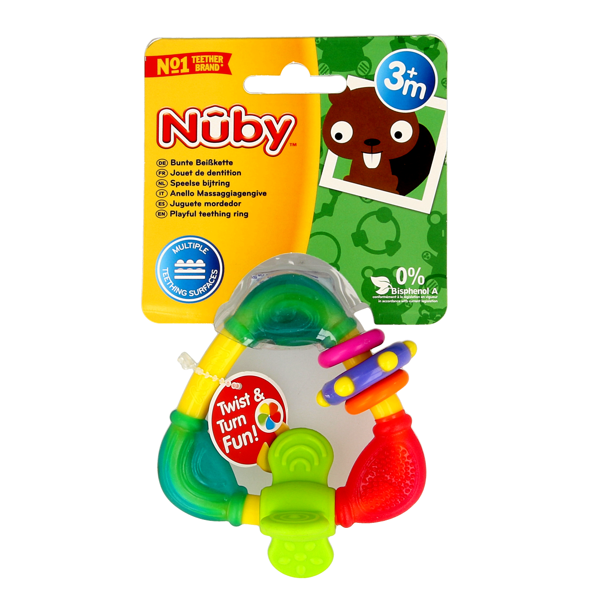 Nuby baby teething toy triangle with hard and soft textures for infants and toddlers, suitable for use at home.