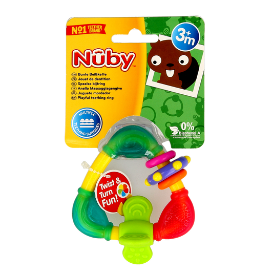 Nuby baby teething toy triangle with hard and soft textures for infants and toddlers, suitable for use at home.