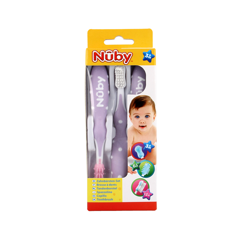 Set of three Nuby toothbrushes featuring colorful handles and soft bristles for gentle dental care for children.