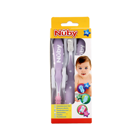 Set of three Nuby toothbrushes featuring colorful handles and soft bristles for gentle dental care for children.