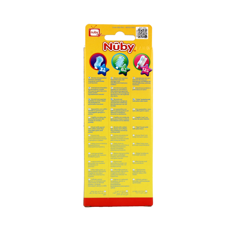 Set of three Nuby toothbrushes designed for children, featuring colorful handles and soft bristles for gentle cleaning.