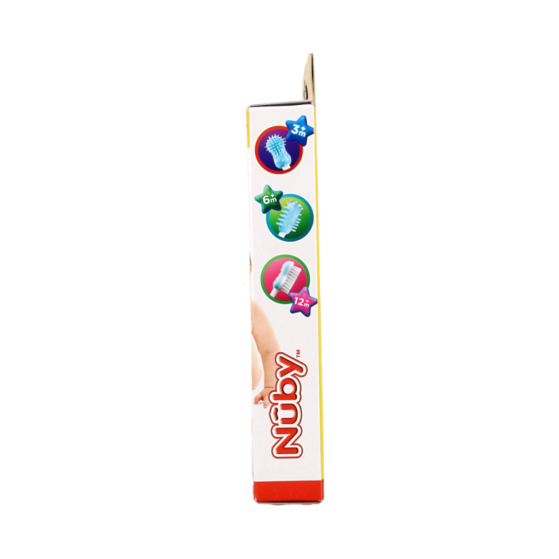 Set of three Nuby toothbrushes for children, featuring colorful handles and soft bristles for gentle cleaning.