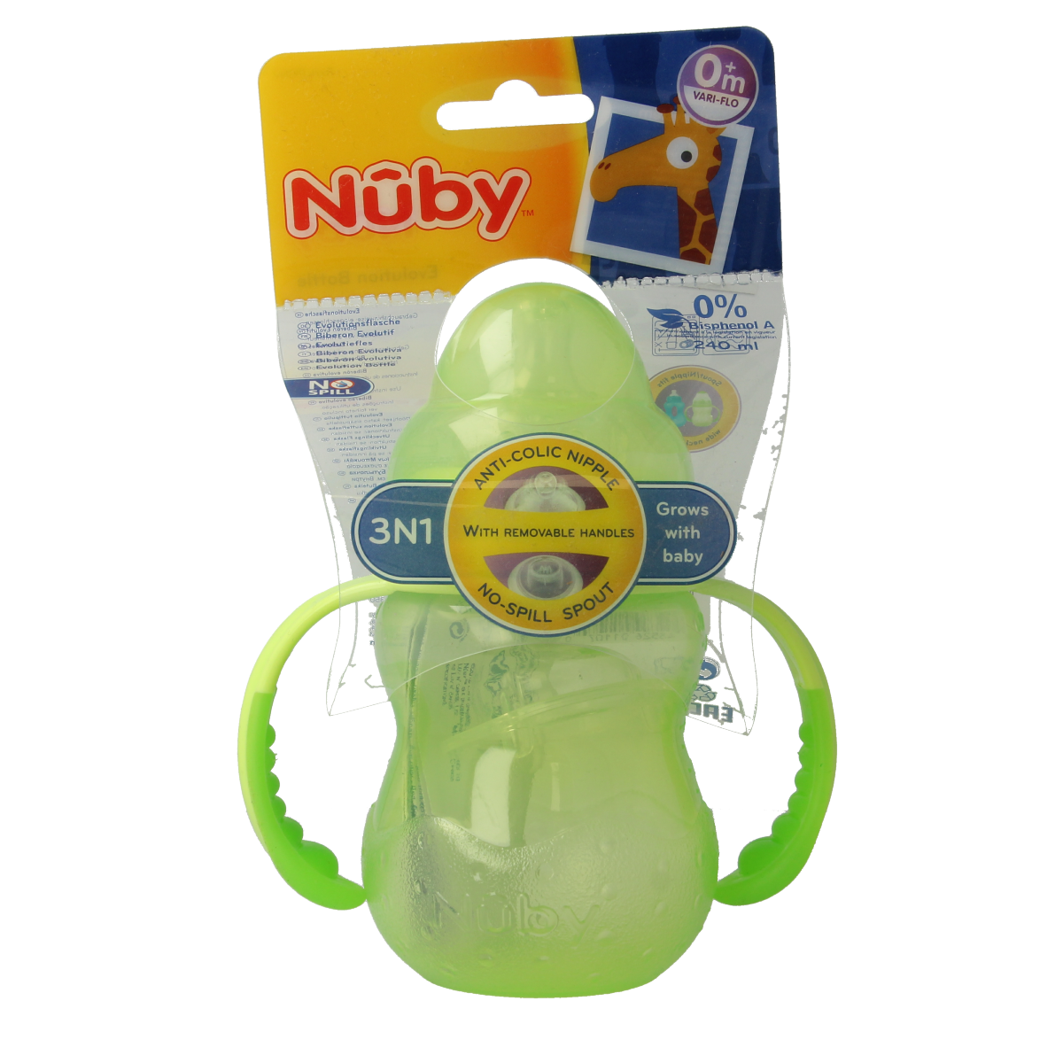 Nuby training cup with anti-leak spout for toddlers, assorted colors, designed for 0+ months, close-up of the leak-proof lid