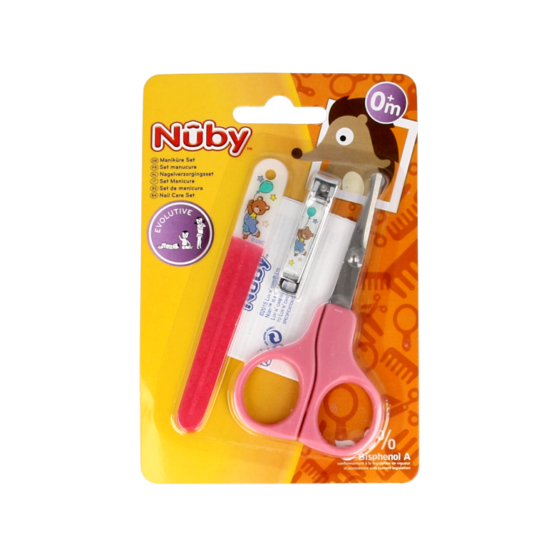 Nuby baby and toddler grooming set with nail clippers, nail file, and tweezers for gentle nail care.