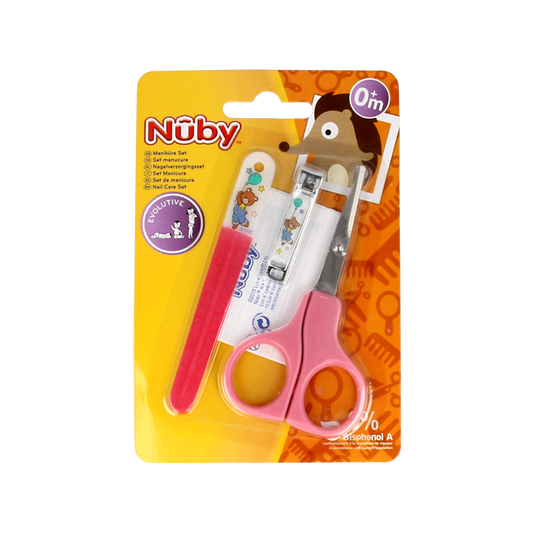 Nuby baby and toddler grooming set with nail clippers, nail file, and tweezers for gentle nail care.