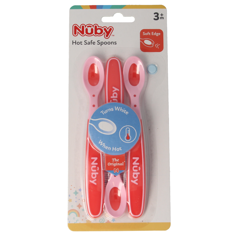 Set of three Nuby heat-sensitive spoons for toddlers aged 3+ months, colorful and suitable for feeding and mealtime.