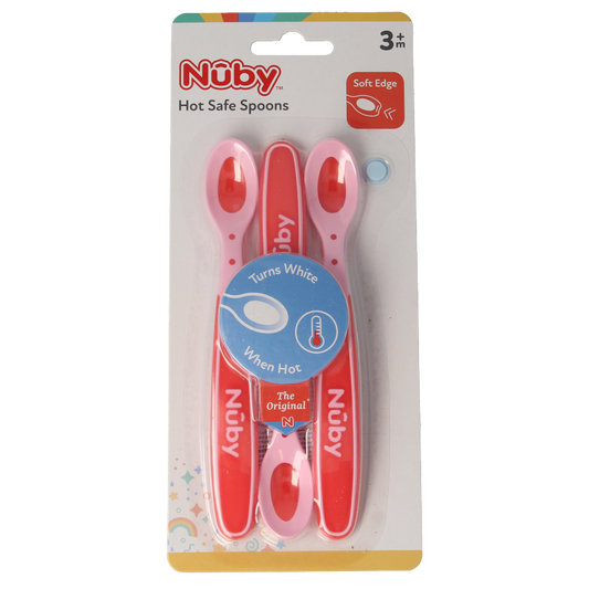 Set of three Nuby heat-sensitive spoons for toddlers aged 3+ months, colorful and suitable for feeding and mealtime.