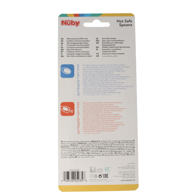 Set of three Nuby heat-sensitive toddler spoons for ages 3+ with colorful handles, part of Nuby's toddler tableware collection.