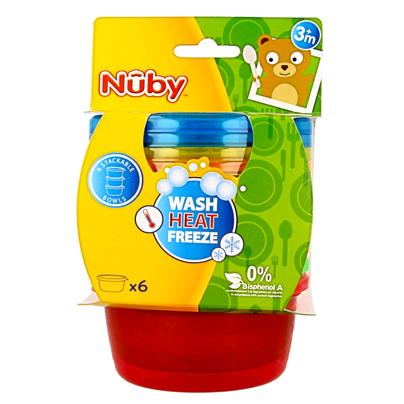 Nuby Snackkommetjes with lids, 300ml, set of 6, toddler bowls for snacks and small foods, durable child-friendly design.