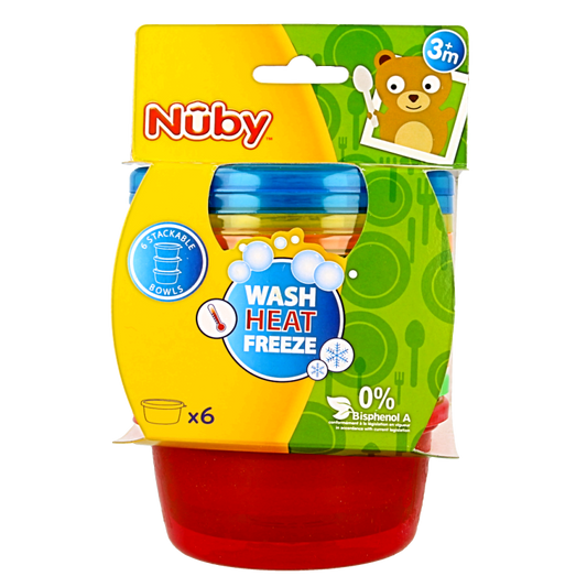 Nuby Snackkommetjes with lids, 300ml, set of 6, toddler bowls for snacks and small foods, durable child-friendly design.