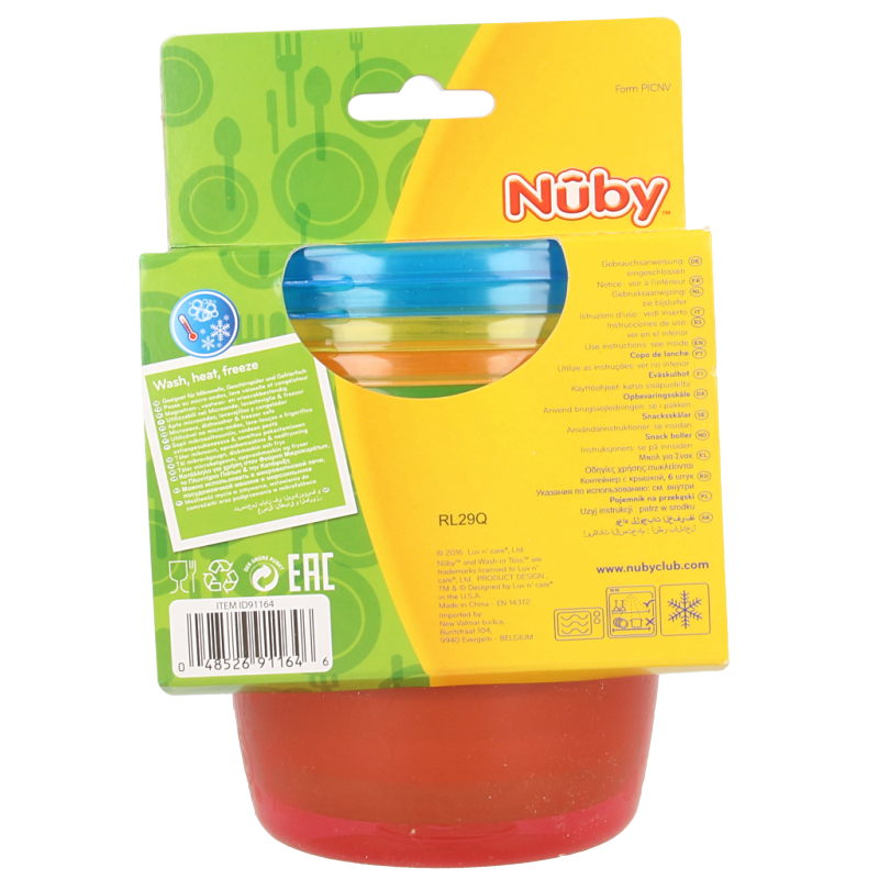 Set of six Nuby Snackkommetjes with lids, 300ml capacity, designed for toddlers, featuring durable plastic containers with secure closures.