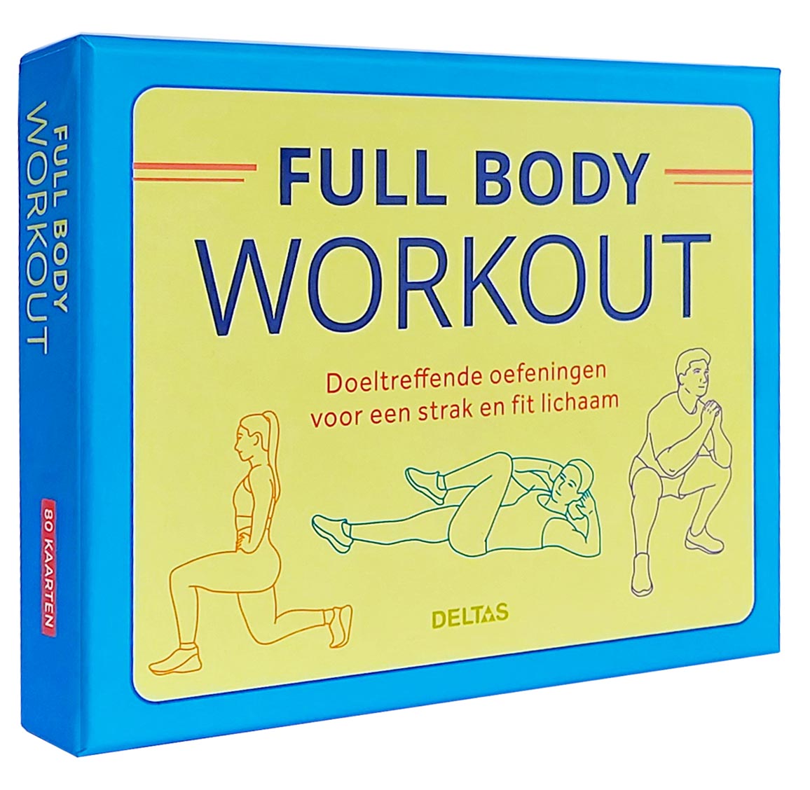 Image of Deltas Full Body Workout book set with 80 workout cards, showcasing fitness exercises and instructional illustrations.