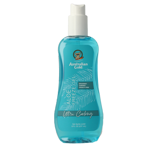 Australian Gold Aloe Freeze Spray Gel 237ml, soothing sunburn relief with cooling aloe gel in a spray bottle.