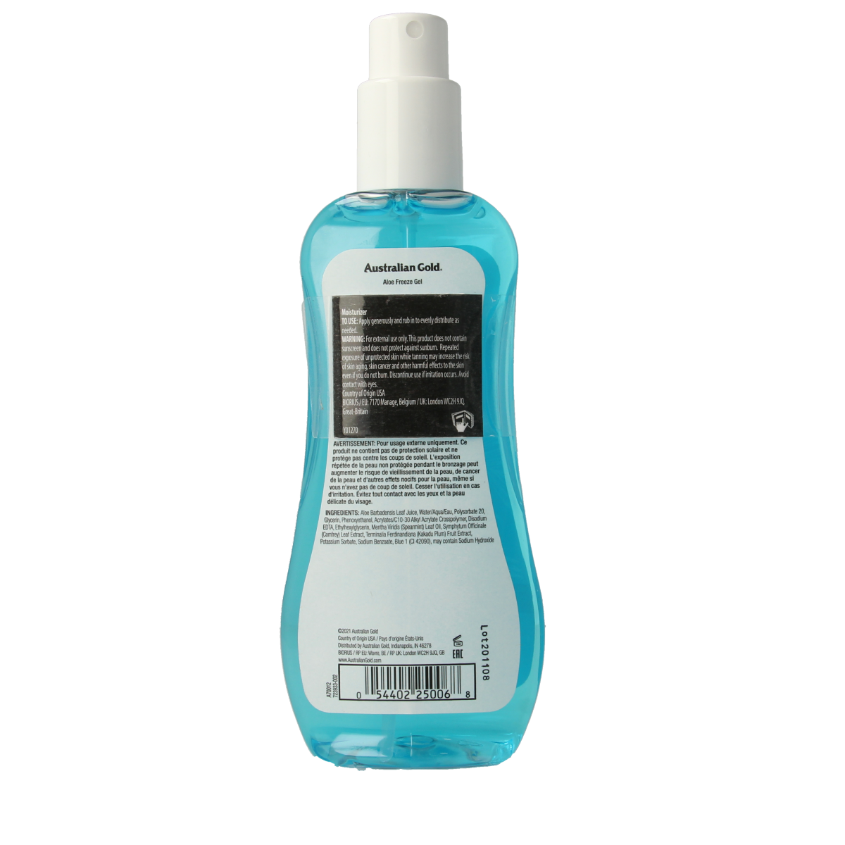 Australian Gold Aloe Freeze Spray Gel 237ml with cooling aloe for sunburn relief and soothing skin care.